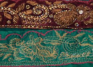 Antique Vintage Sari Border Hand Beaded Pure Silk Craft Trim Lace 2"w Deco Green