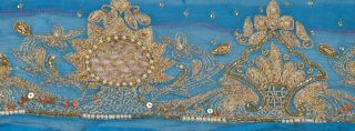 Antique Vintage Sari Border Hand Beaded Craft Trims Lace 4"w ZARI Decor Blue
