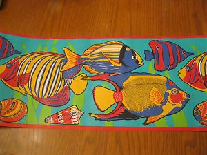 Tropical Fish Shells Teal Blue Wallpaper Border Red Trim Yellow Green EH00150