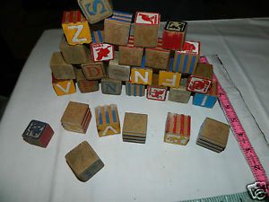 Vintage Wood Blocks Toy Wooden Building Antique Letters Alphabet Animals Lot
