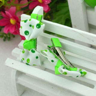 One Pair 2pcs Handmade Green Dots Barrettes Hairclips Baby Girl Toddler 036