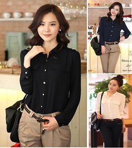 New Women Business Casual Long Sleeve Shirt M L XL Black White Sapphire Blouse Z