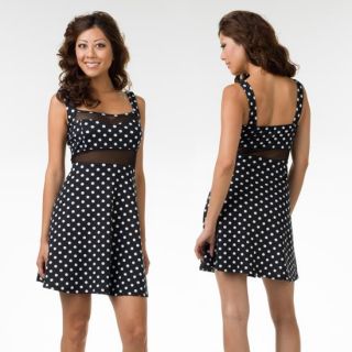 Absolute Angel Black White Polka Dot Ponti Knit Skater Dress with Mesh Insert