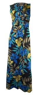  Blue Green Maxi Dress V Neck Floral Print Sleeveless Stretchy