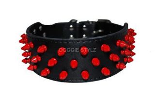 Black Leather Dog Collar Red Pink White Spikes Pit Bull All Sizes Bully Terrier