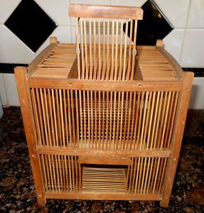 Old Chinese Japanese Large Cricket Bird Cage Wood Peg Attached Box Bamboo Carved