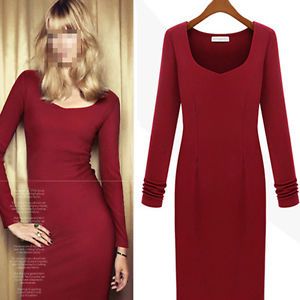 Brief Casual Womens Solid Long Sleeve Dress Mid Calf Slim Sheath Scoop Neck 6209