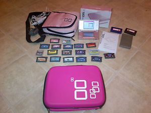 Huge Nintendo DS Lite Lot with System with 18 Games Chargers 2 Carrying Cases