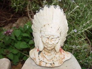 Vintage Indian Chief Small Concrete Garden Statue Weathered Chippy Old Awesome