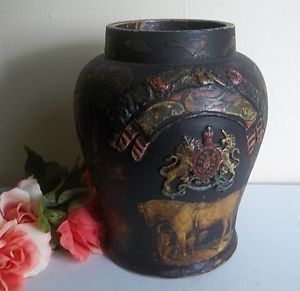 Vtg Arts Crafts Clay Pottery Vase w Paper Collage Horse Butterflies Roses Fern