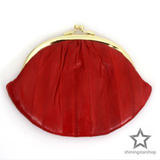 Red Eel Skin Leather Double Coin Change Purse Large Kiss Lock Pouch Wallet