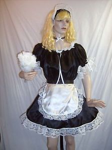 4pc Adult Black Satin French Maid Costume Sexy Baby Frilly Sissy Dress Apron