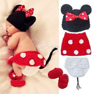 4pcs Minnie Mouse Baby Toddlers Outfit Crochet Knit Costume Photo Sz 0 12M Gift