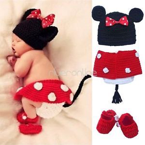 3pcs Newborn 6M Baby Girls Minnie Mouse Knit Crochet Costume Photo Prop Outfit
