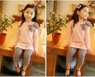 Hoe Baby Toddler Girls Clothes Striped Bow Shirt Leggings Kids Sets Suits 2pcs