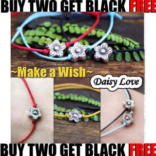 Hippy Silver Daisy Friendship Karma Wish Hope Love Peace Bracelet Cord Boho UK
