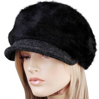 HJ2128 Elegant Ladies Black Furry Short Visor Newsboy Hat Cap