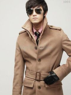 Fashion Mens Button Closure Belted Long Woolen Winter Coat Outwear Brown New