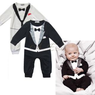 Boy Kid Baby Romper Jumpsuit Faux Tuxedo Print Bowtie Outfit One Piece Sz 00 2