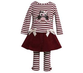 Bonnie Jean Girls Burgundy Fall Owl Corduroy Dress Striped Leggings Set 4 6X