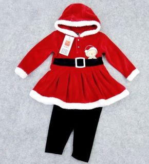 Velvet Baby Girl Santa Hooded Dress and Leggings Outfit Costume Suit Christmas