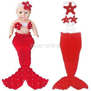 3pcs Newborn 12M Baby Red Knit Tail Crochet Mermaid Costume Photo Prop Outfit