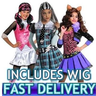 Childrens Kids Girls Monster High Halloween Book Week Fancy Dress Costume Wig