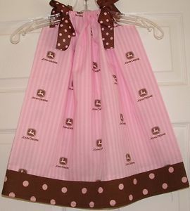 Pink Brown Pinstripe John Deere Pillowcase Dress w Polka Dot Trim Sizes 3M 5T