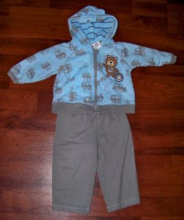 Boys Just One Year Blue Gray Teddy Bear Hoodie Sweatshirt Outfit 6 9 Months