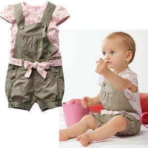 Soft Cotton Baby Girls Clothes Shirt Army Suspender Pants New Suits for 9 18M