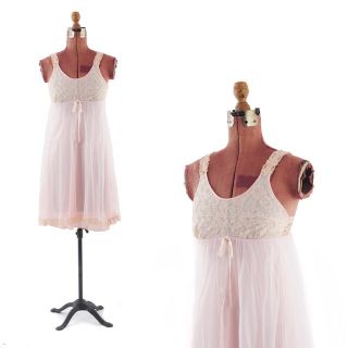 Vintage 60s Gaymodes Sheer Pale Pink Nylon Chiffon Baby Doll Empire Nightgown S