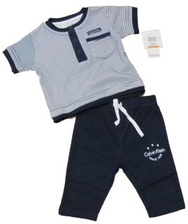 Calvin Klein Baby Boys Navy Blue White Stripe Shirt Pants Set $36