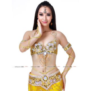 Gold Yellow Professional Belly Dance Costumes Outfit Set 3pcs Bra Belt Skirt