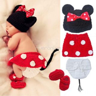 4pcs Newborn Baby Girls Knit Crochet Minnie Mouse Costume Photo Prop Outfit Cute