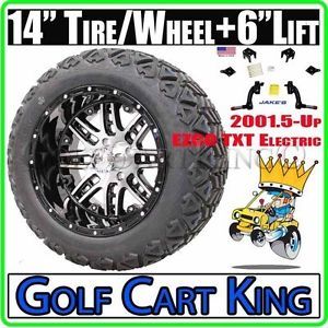 01 EZGO TXT Electric Lift Kit and 14" Lifted Golf Cart Tire Wheel Package Combo