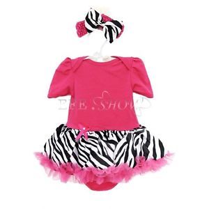 2pcs Newborn Baby Girl Headband Romper Dress Clothes Outfit Hot Pink Zebra 3 6M