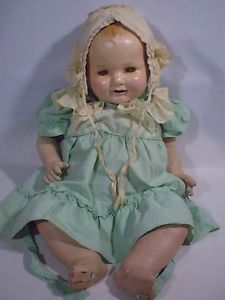 23" Old Composition Cloth Antique Baby Doll Vintage Clothes Bonnet