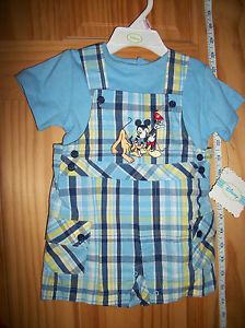 New Mickey Mouse Infant Clothes 6 9M Disney Baby Shortall Set Hanger Blue Plaid