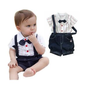 2pcs Kid Baby Boy Top T Shirt Overalls Pants Shorts Set Outfit Clothes Bow Tie