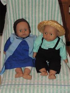 Pair Boy Girl Baby Dolls Soft Bodied Amish Handmade Clothing Bonnet Prayer Cap