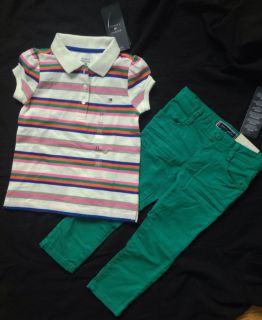 Tommy Hilfiger Girls White Stripe Polo Green Skinny Jeans Size 2T $53