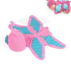 Newborn Baby Girl Infant Pink Butterfly Knit Crochet Clothes Photo Prop Outfit