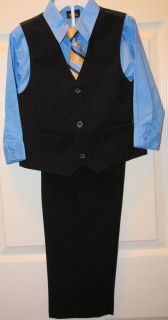 Boys 4pc Suit Set Black Vest Stripe Tie Black Pants Blue Shirt Sz 4 T New