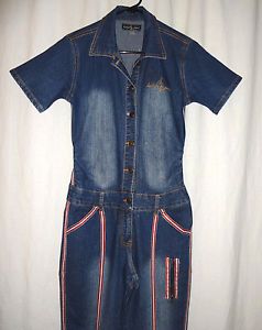 Baby Phat Denim Blue Jean Jumpsuit Size 11 Small Medium Overalls Racing Juniors