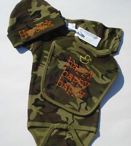 Personalized Duck Dynasty Inspired Camo Baby Hat Bib and Onesie Set