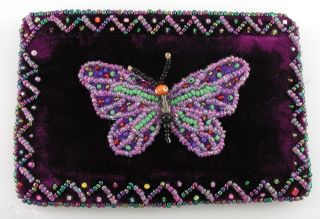 Purple Velvet Hand Beaded Butterfly Coin Change Purse