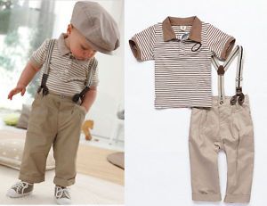 Baby Boy Toddler Clothes Strips Tops Pants Braces 3pcs Gentleman Outfit Set 0 5Y