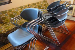 7 Acton Stacker American Seating Eames Era Blue Plastic Chrome Chairs WOW