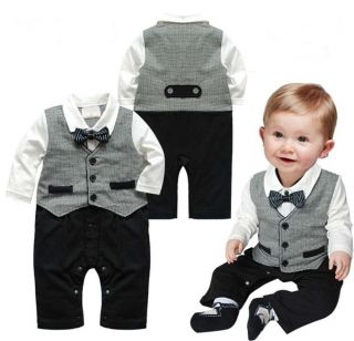 Baby Boy Wedding Check Tuxedo Suit Bowtie Romper Onepiece Bodysuit Outfit 3 18M