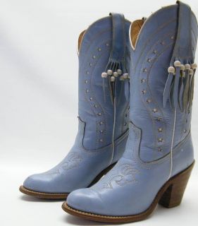Womens Vtg Miss Capezio Baby Blue Leather Fringe Star Cowboy Western Boots 7 M